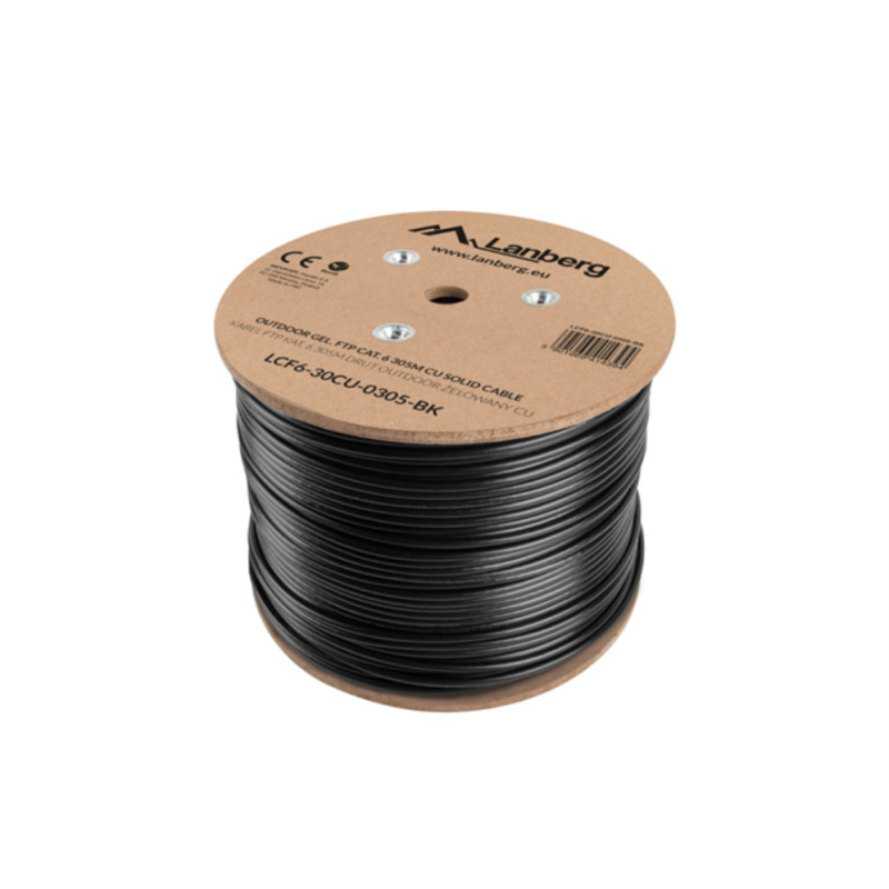 BOBINA CAT6 LANBERG OUTDOOR FTP RJ45 COBRE GEL FILLED FLUKE AWG24 305M NEGRO