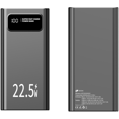 LEOTEC POWERBANK 30000MAH 225W PD20W NEG 1 USB C4USB A INC USB A A USB C