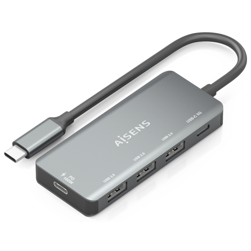 HUB AISENS USB 31 USB C 1XPD 100W 1XUSB C 30 3XUSB A 20 GRIS 15CM