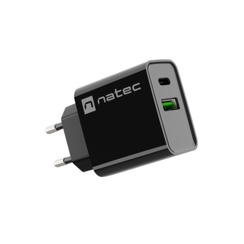 CARGADOR NATEC RIBERA 20W 1XUSB A 1XUSB C PD30 QC30 NEGRO