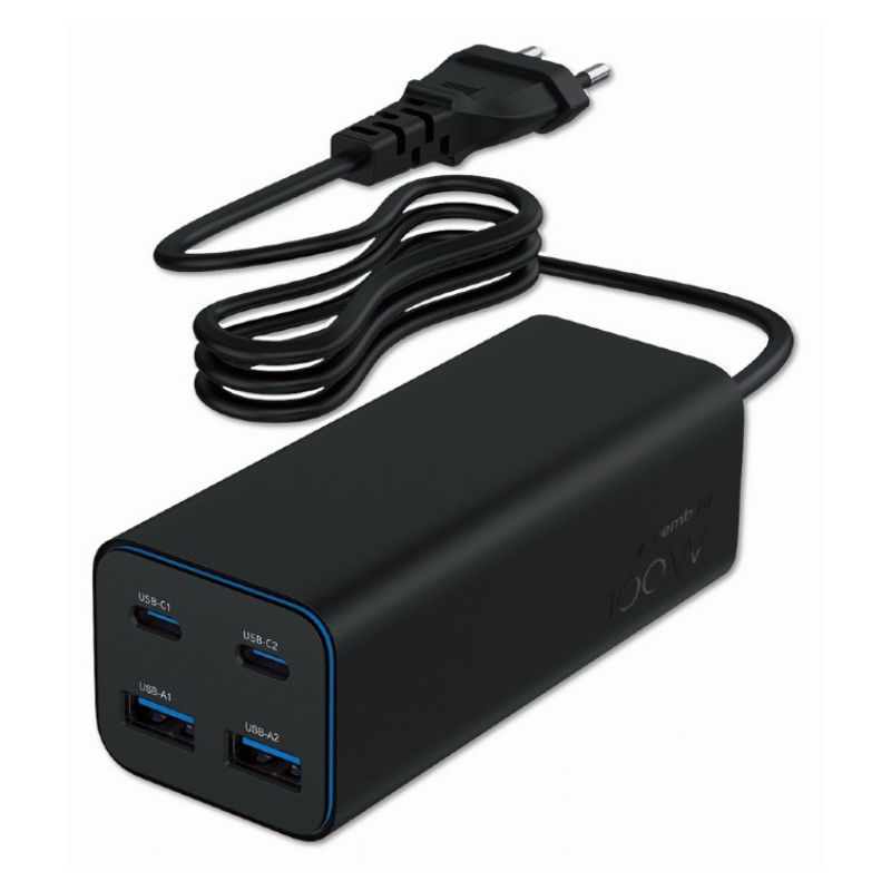 CARGADOR RAPIDO GEMBIRD USB POWERDELIVERY GAN DE 4 PUERTOS 100 W NEGRO