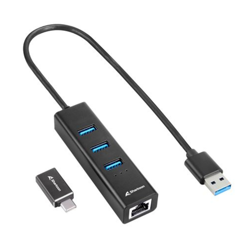 HUB USB SHARKOON 3X32 GEN 1 RJ45 ALUMINIO NEGRO