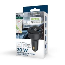 CARGADOR RAPIDO PARA COCHE GEMBIRD USB DE 2 PUERTOS TIPO C PD LCD 30 WNEGRO