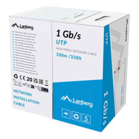 BOBINA CABLE RED LANBERG UTP RJ45 1GB S SOLIDO CCA AWG23 100M GRIS