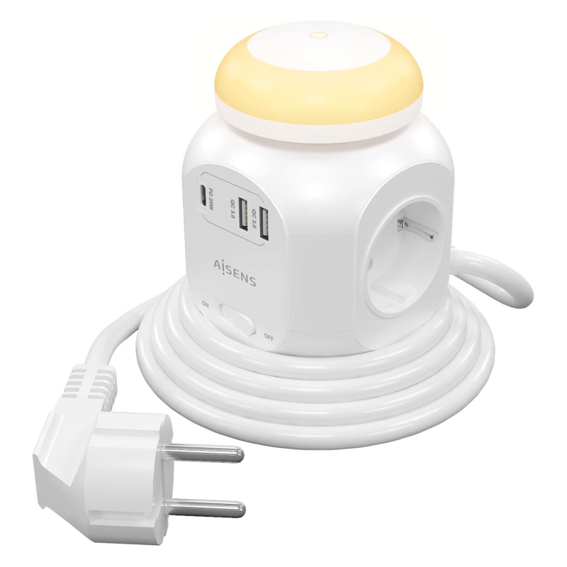 REGLETA ENCHUFES AISENS 4 TOMAS 1XUSB C 20W PD30 2XUSB A 18W QC30 LUZ 18M