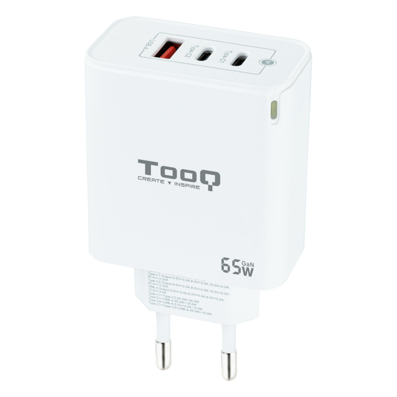 CARGADOR DE PARED TOOQ GAN 2USB C PD USB A QC 65W
