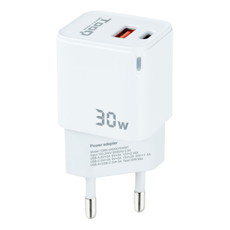 CARGADOR DE PARED TOOQ GAN USB C PD USB A QC 30W