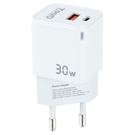 CARGADOR DE PARED TOOQ GAN USB C PD USB A QC 30W