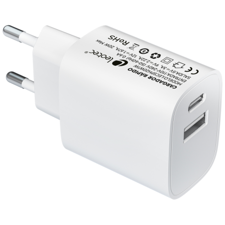 LEOTEC CARGADOR 20W CARGA RAPIDA 1 USB TIPO C PD 1 USB A BLANCO
