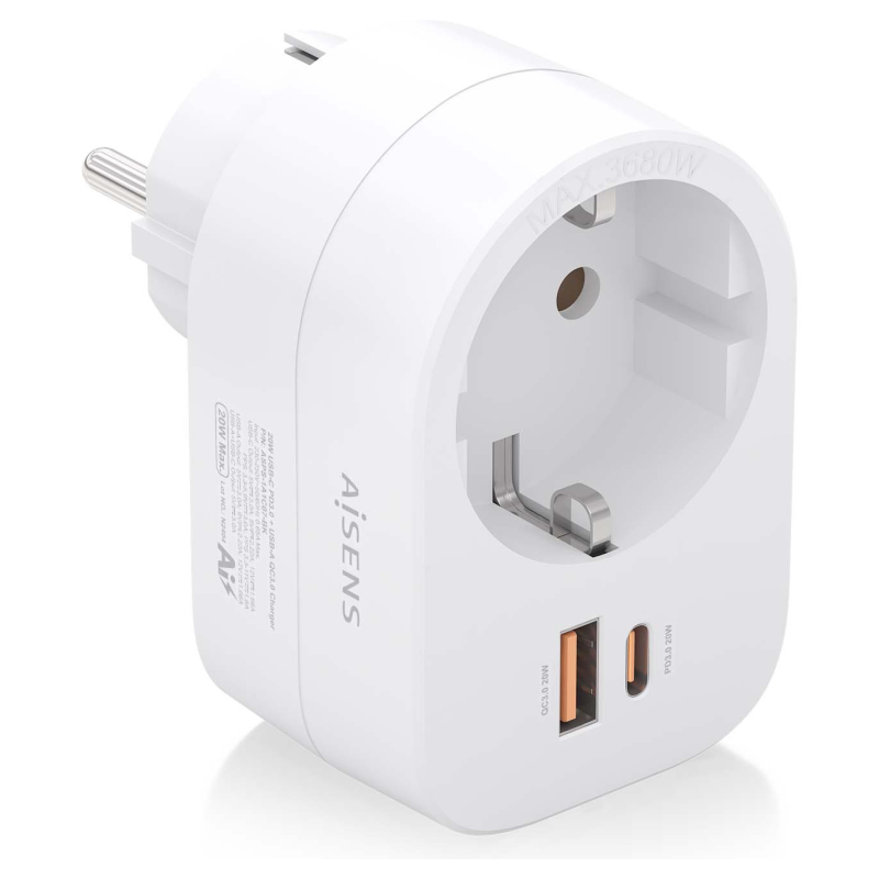 REGLETA PARED AISENS 1 TOMA USB C 20W PD30 USB A 20W QC30 BLANCO