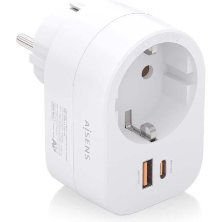 REGLETA PARED AISENS 1 TOMA USB C 20W PD30 USB A 20W QC30 BLANCO