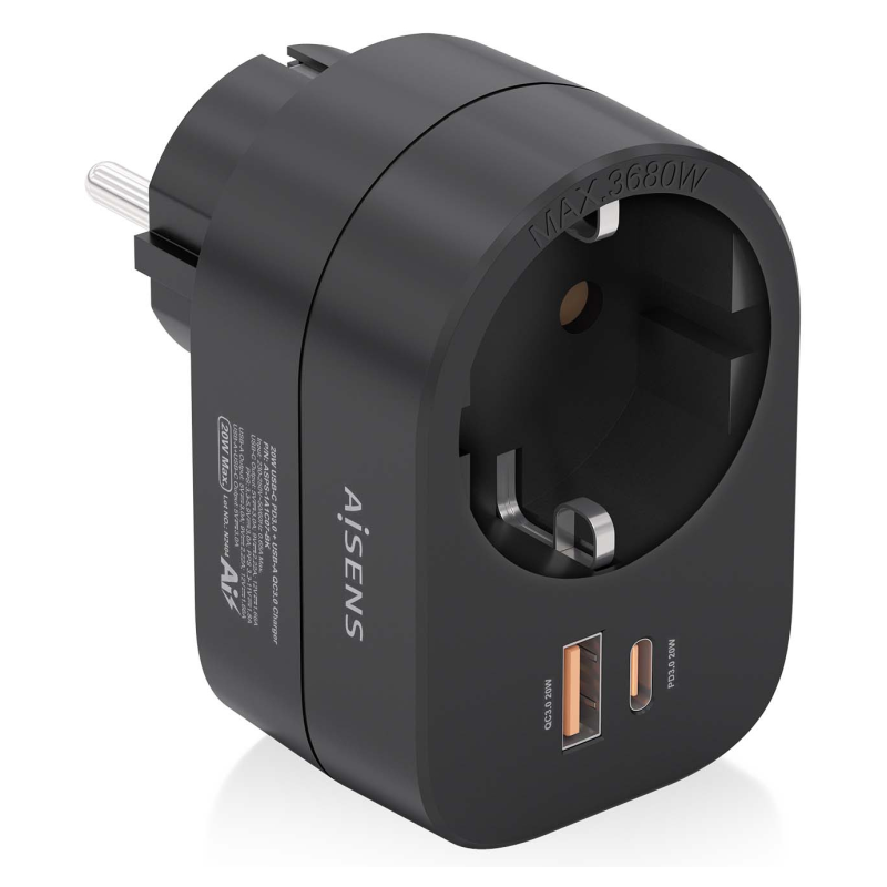 REGLETA PARED AISENS 1 TOMA USB C 20W PD30 USB A 20W QC30 NEGRO