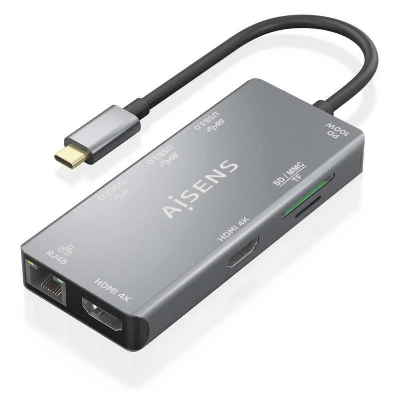 HUB AISENS USB C DOCK 9 EN 1 USB C 2XHDMI RJ45 2XUSB A 30 USB A 20 PD