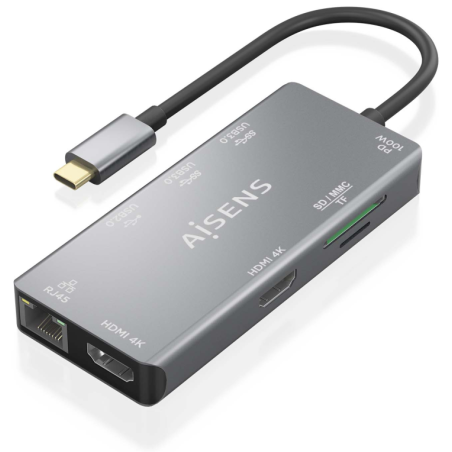 HUB AISENS USB C DOCK 9 EN 1 USB C 2XHDMI RJ45 2XUSB A 30 USB A 20 PD