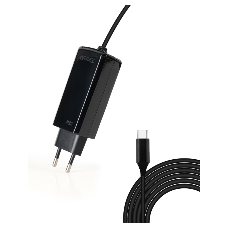 CARGADOR TOOQ PORTATIL GAN USB C PD 65W CUBICO NEGRO