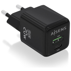 CARGADOR GAN AISENS 20W 1XUSB C PD30 QC40 1XUSB A QC30 NEGRO