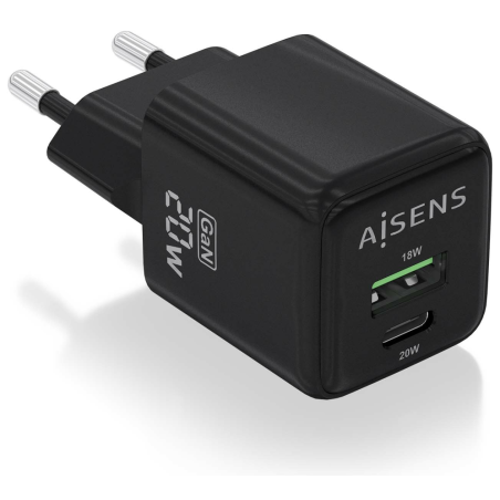 CARGADOR GAN AISENS 20W 1XUSB C PD30 QC40 1XUSB A QC30 NEGRO