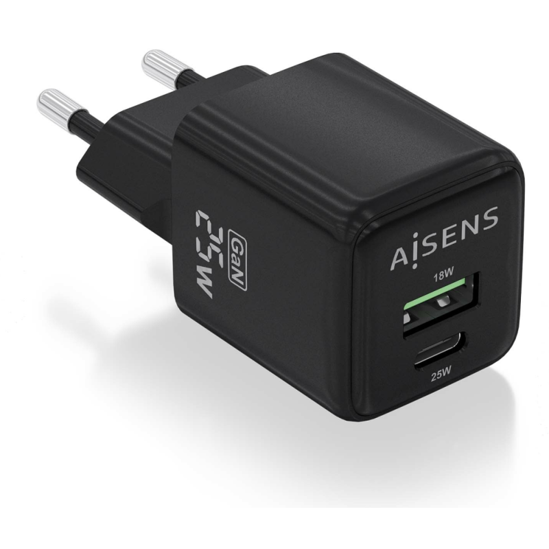 CARGADOR AISENS GAN 25W 1XUSB C PD30 QC40 1XUSB A QC30 NEGRO