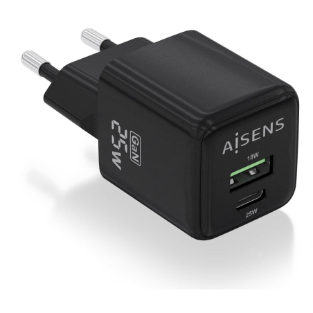 CARGADOR AISENS GAN 25W 1XUSB C PD30 QC40 1XUSB A QC30 NEGRO