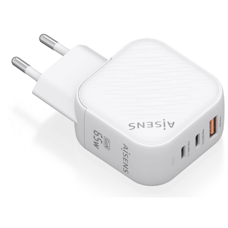 CARGADOR AISENS GAN 65W 2XUSB C PD30 QC40 1XUSB A QC30 BLANCO