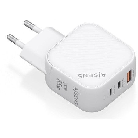 CARGADOR AISENS GAN 65W 2XUSB C PD30 QC40 1XUSB A QC30 BLANCO
