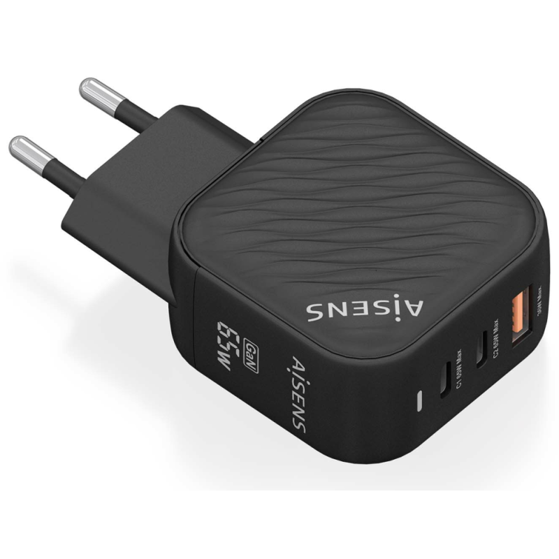CARGADOR AISENS GAN 65W 2XUSB C PD30 QC40 1XUSB A QC30 NEGRO