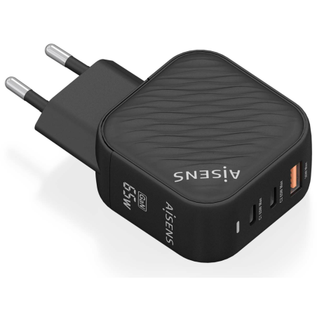 CARGADOR AISENS GAN 65W 2XUSB C PD30 QC40 1XUSB A QC30 NEGRO